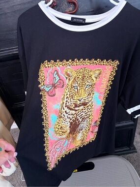 Dreamers Black Tee with Leopard & Pink Butterfly Graphic